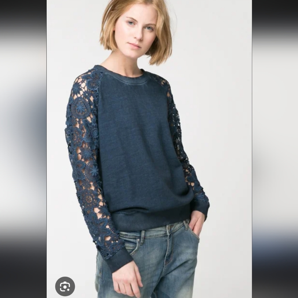 Mango Casual Women's Navy Washed Sweater with Crochet Sleeve Detail